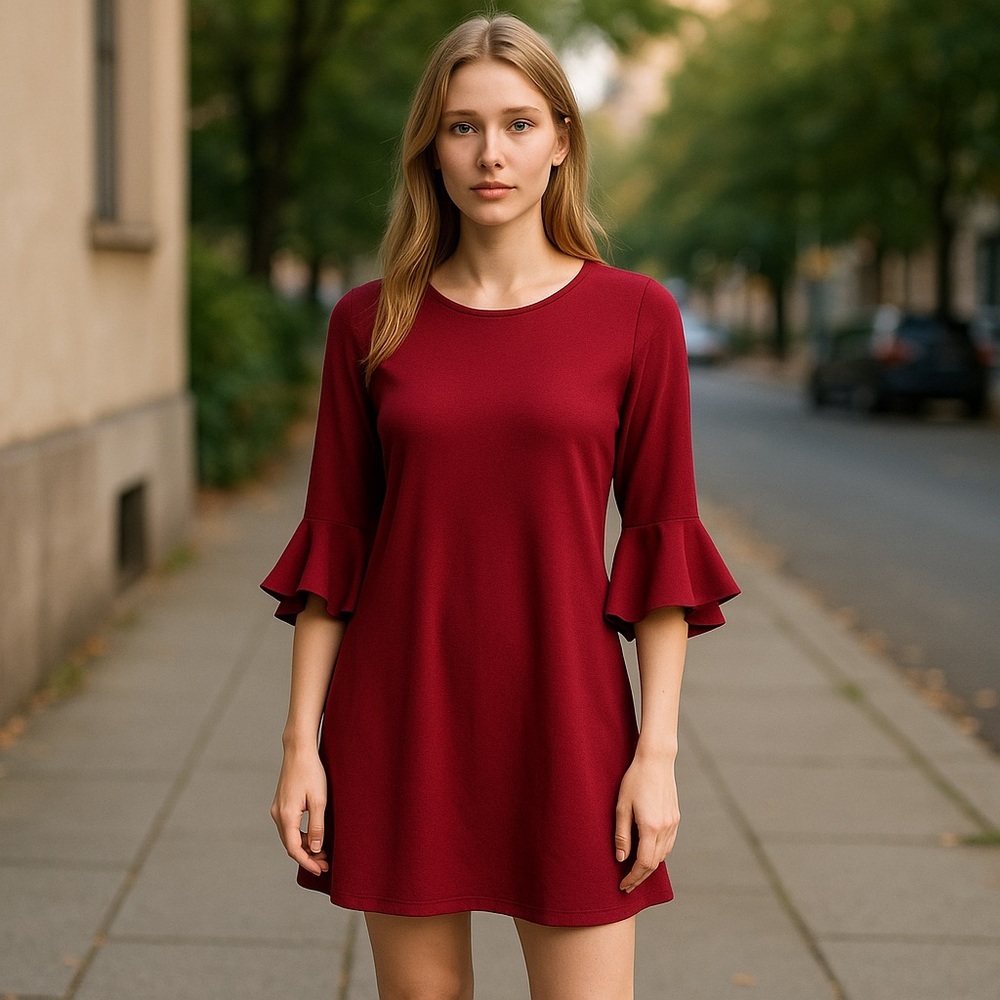 Le Gali Dress Ruby Red Ruffled‎ Bell Sleeves NWOT